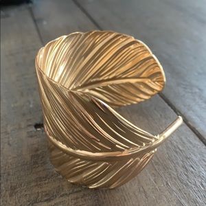 Gold Leaf Statement Cuff Bracelet Wide Textured Open Bangle